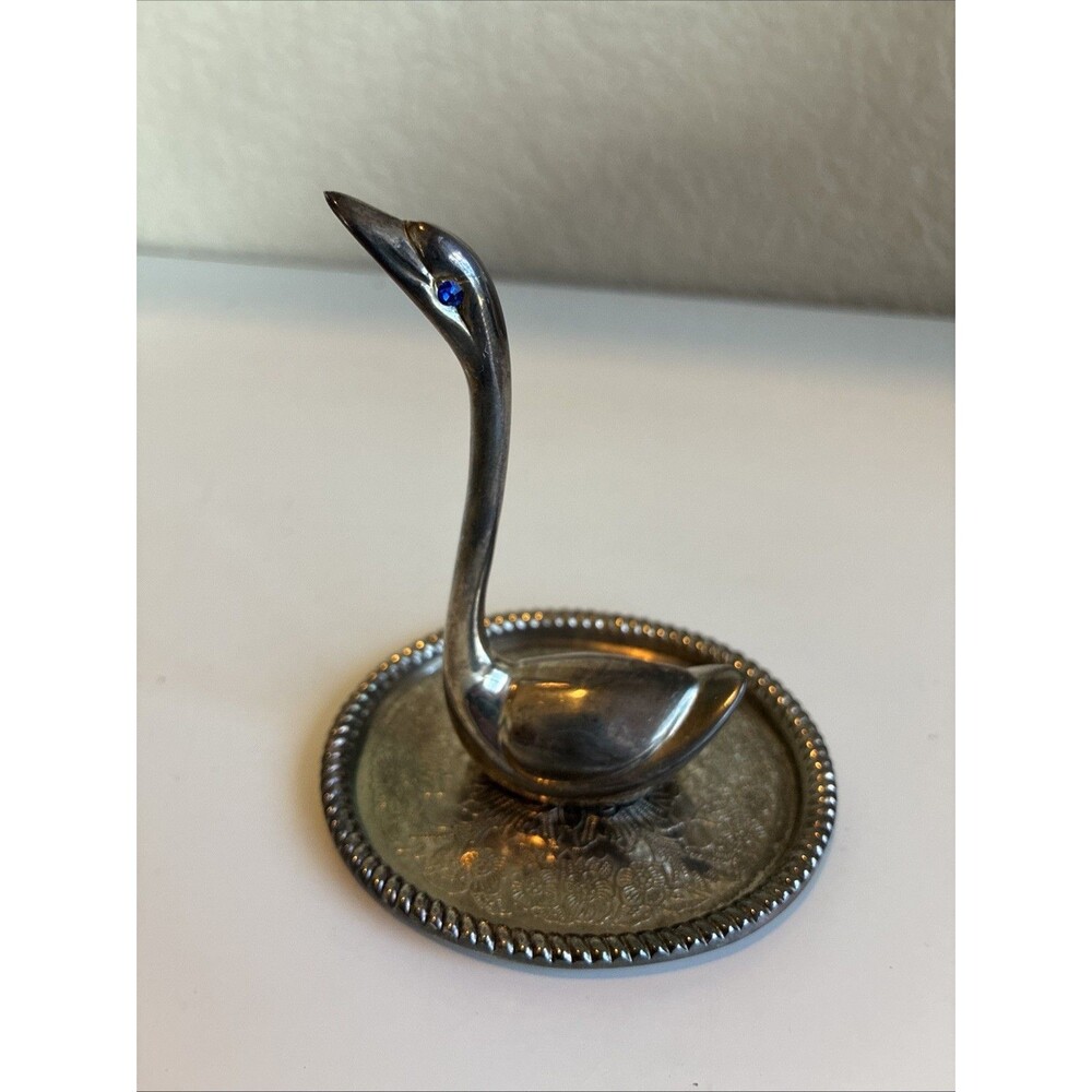 Vintage Silver Plated Swan Figurine Ring Jewelry Holder Plate Blue Jeweled Eyes